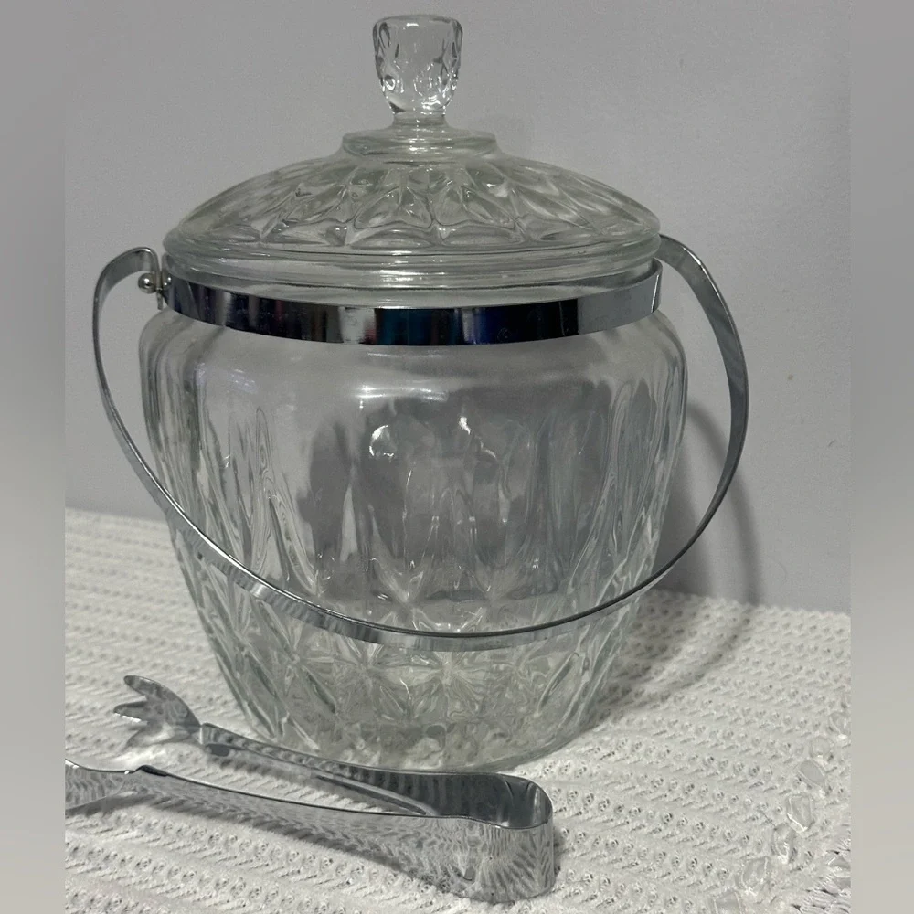 Vintage Elegant Glass Ice Bucket with Tongs great condition